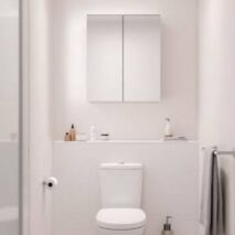 Compact toilet mirror cabinet installed above a white toilet in a minimalist powder room, showcasing modern space-saving bathroom storage ideas for Perth homes