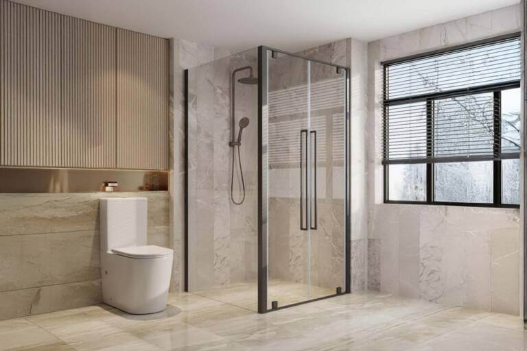 bathroom with stock double pivot shower screen black