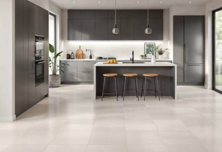 Modern kitchen with neutral-toned porcelain floor tiles, featuring a stylish island, dark cabinetry, and pendant lighting – best kitchen floor tiles for durability and design