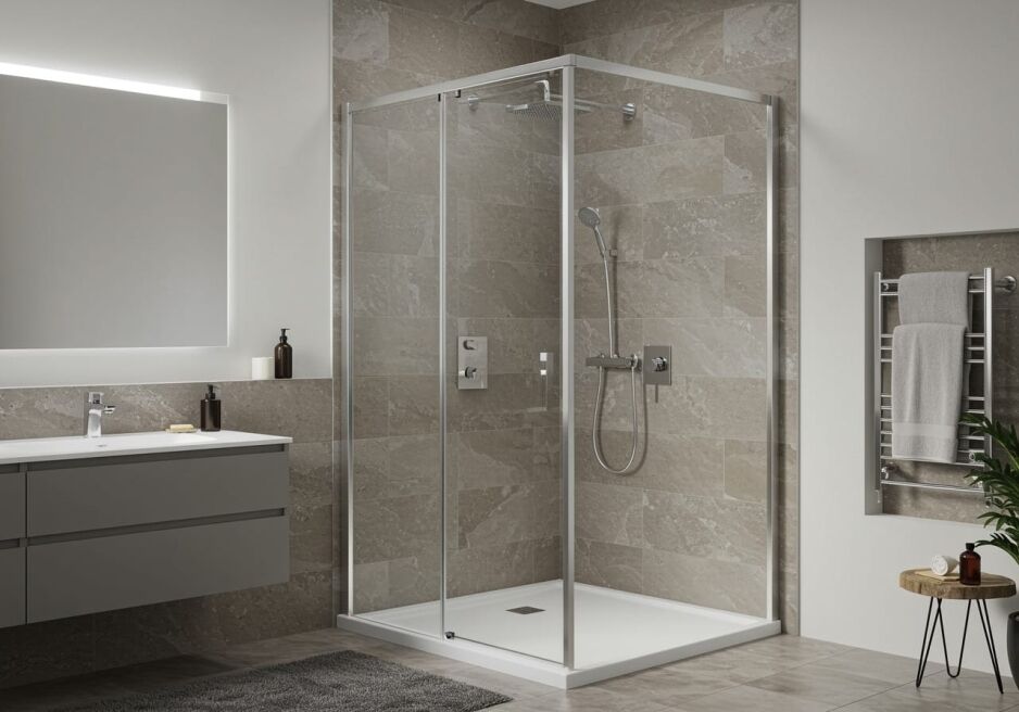 Modern bathroom featuring a semi-frameless corner shower screen with a sleek silver frame. The shower enclosure maximises space with a contemporary design, complemented by neutral-toned tiles, a floating vanity, and a heated towel rail