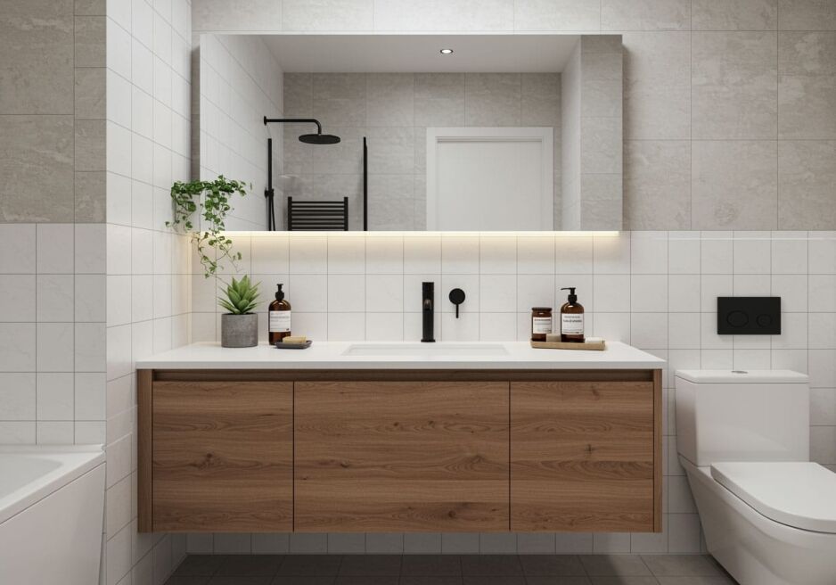 Modern bathroom vanity with perfectly placed mirror and wall-mounted tapware for balanced and functional design