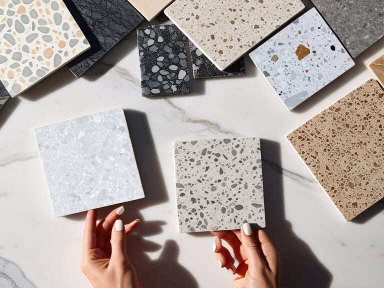 hands holding terrazzo tile samples with natural and porcelain look terrazzo tiles on marble surface