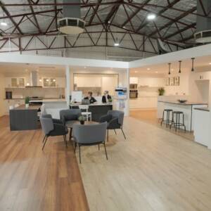 Ross’s Discount Home Centre kitchen showroom in Guildford Perth featuring full-size kitchen displays and modern cabinetry setups