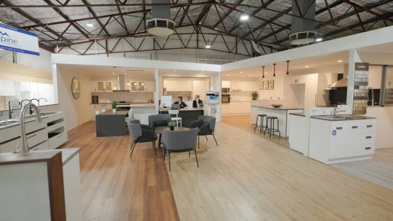 Ross’s Discount Home Centre kitchen showroom in Guildford Perth featuring full-size kitchen displays and modern cabinetry setups