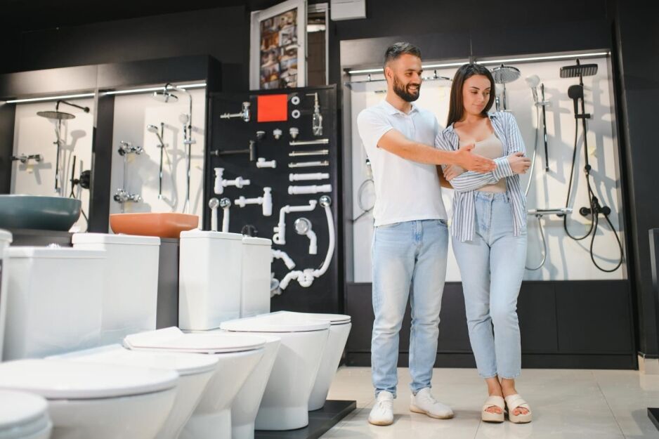 Couple browsing toilets and tapware in a modern Perth bathroom store, exploring fixtures and finishes for their renovation project