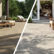 Side-by-side comparison of stone look tiles and natural stone tiles in outdoor patio settings
