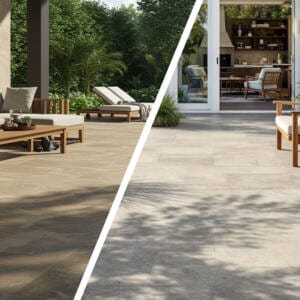 Side-by-side comparison of stone look tiles and natural stone tiles in outdoor patio settings