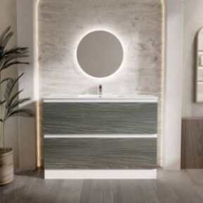 bathroom setting with two drawer marine vanity and dreamscape drawer fronts