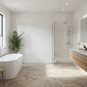 Bright and spacious Australian bathroom featuring creative tile pairing with white subway wall tiles and natural stone-look floor tiles