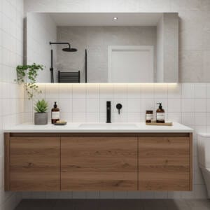 Modern bathroom vanity with perfectly placed mirror and wall-mounted tapware for balanced and functional design