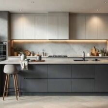 Modern Australian kitchen with grey island, light upper cabinets, natural timber elements and stone splashback — 2025 kitchen colour trend