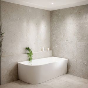 modern corner bath installed in bathroom with neutral tiles, showcasing left, right, and universal fit options