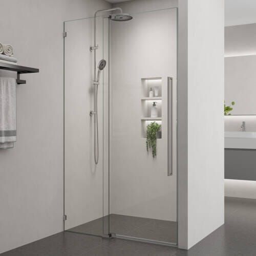 frameless pivot door between two walls with 150mm of width adjustment