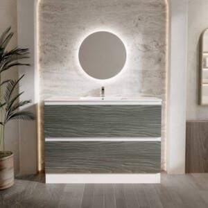 bathroom setting with two drawer marine vanity and dreamscape drawer fronts