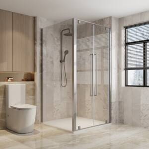 Alpine double pivot shower door and return panel with shower base