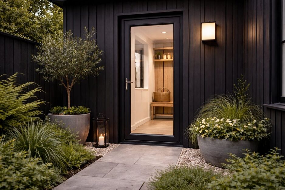 Black aluminium French door in Perth set into dark vertical cladding, opening to a softly lit interior, with landscaped garden planting and stone paving outside.
