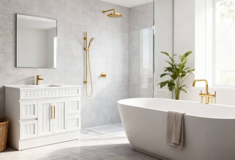 Modern bathroom with brushed gold basin mixer, shower tapware and bath tap in matching finish