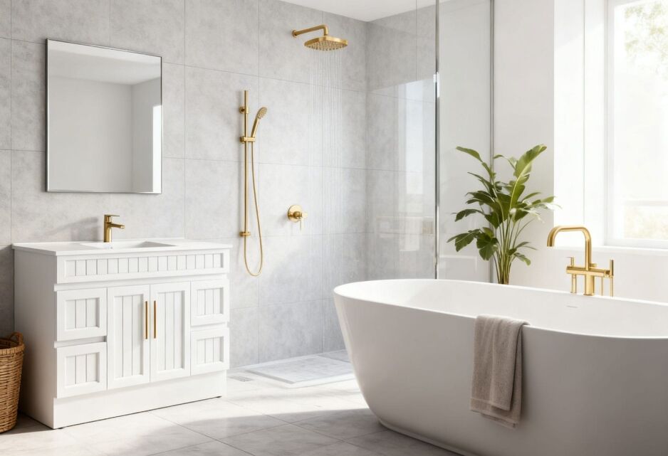 Modern bathroom with brushed gold basin mixer, shower tapware and bath tap in matching finish