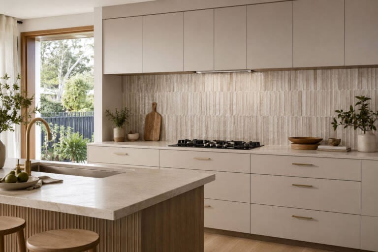 The hottest kitchen splashback trends for 2026 shown in a modern Australian kitchen with textured tiles, overhead cabinets and warm natural light