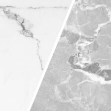 Side-by-side comparison of marble-look tiles and natural marble surface patterns