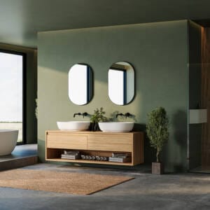 Modern Australian bathroom with green and timber colour scheme featuring freestanding bath and double vanity