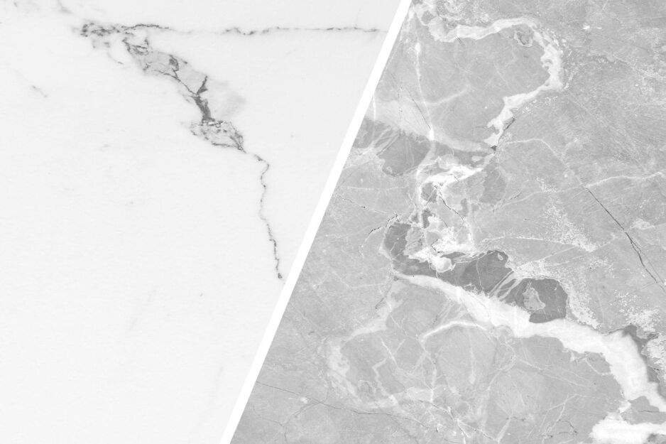 Side-by-side comparison of marble-look tiles and natural marble surface patterns