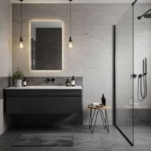 Small frameless vanity mirror above floating vanity in modern Perth bathroom