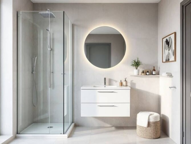 Modern small bathroom design idea with walk-in shower, floating vanity, and round LED mirror, showcasing a bright, minimalist space-saving design ideal for Perth homes