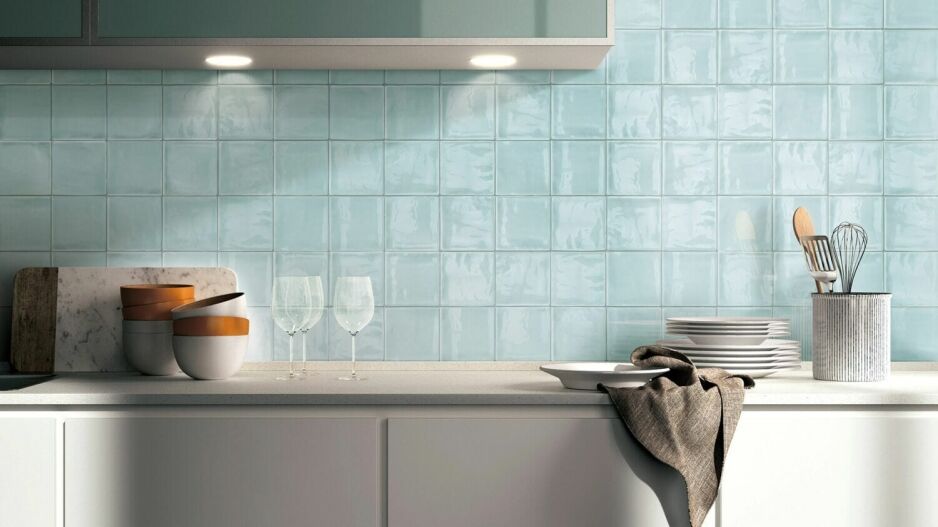 Luxe sky blue gloss wall tile 100x100mm installation